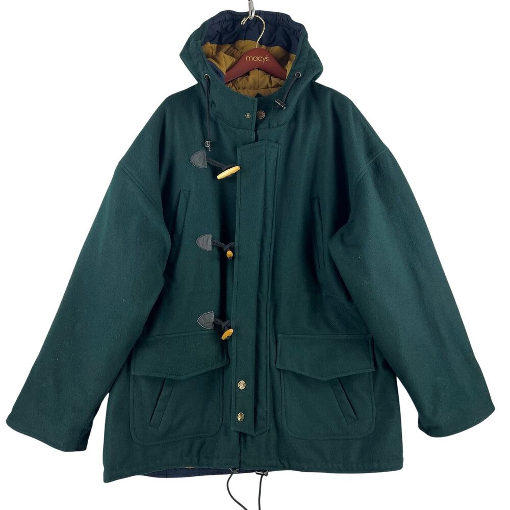 VTG Boatworks MENS Hooded Toggle Duffle Coat SZ L Green Wool Quilted Vintage